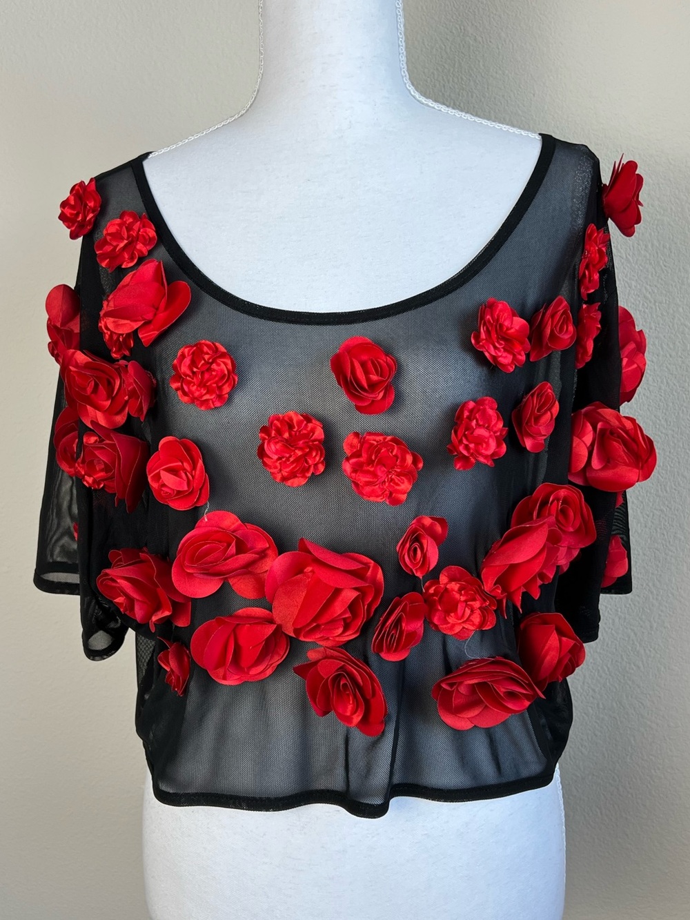 NWT XPLUSWEAR Sheer Black Mesh Red Rosette Top Fairy Grunge Coquette Goth XXL